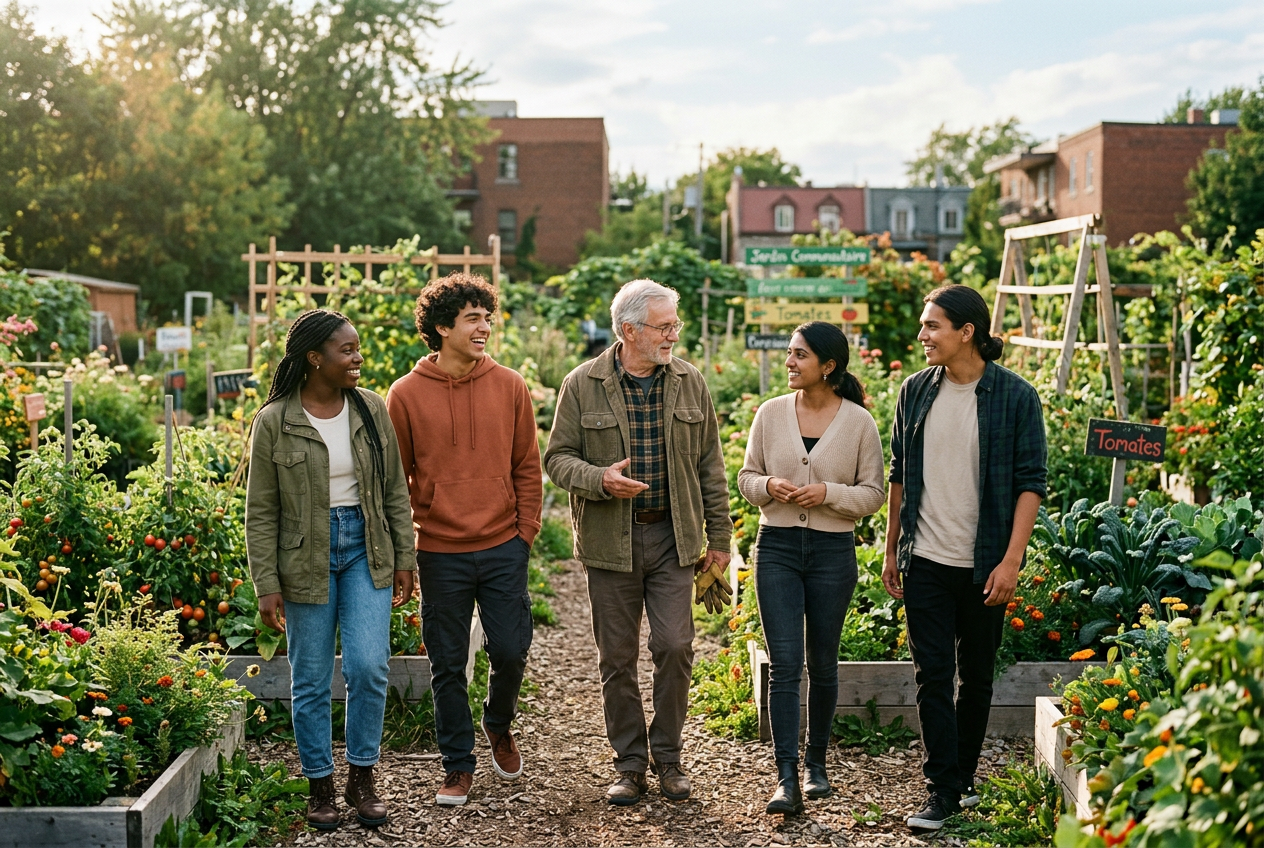 Community members walking together through a garden